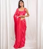 Pink cutdana border satin embroidered saree with stitched blouse