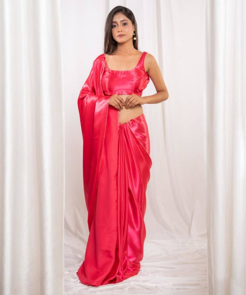 Pink cutdana border satin embroidered saree with stitched blouse