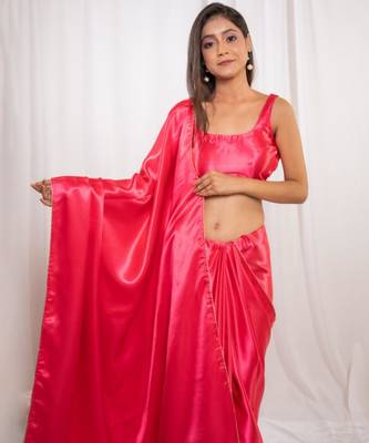 pink cutdana border satin embroidered saree with stitched blouse 2