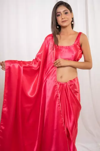 pink cutdana border satin embroidered saree with stitched blouse