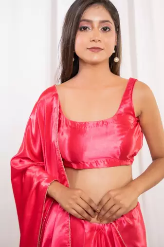 pink cutdana border satin embroidered saree with stitched blouse