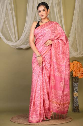 pink zari work cotton silk blend bhagalpuri ethnic saree with unstitched blouse