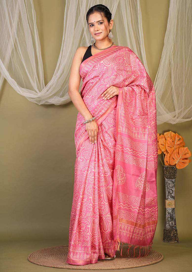 pink zari work cotton silk blend bhagalpuri ethnic saree with unstitched blouse