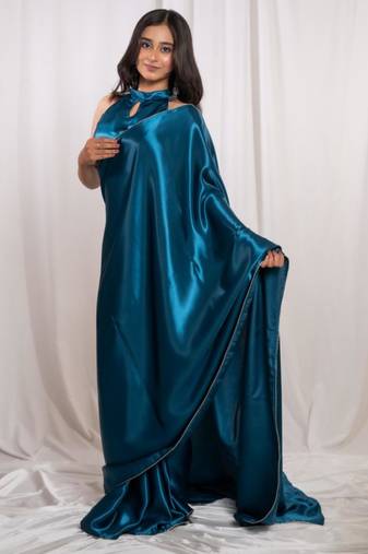 Teal blue cutdana border satin embroidered saree with stitched blouse