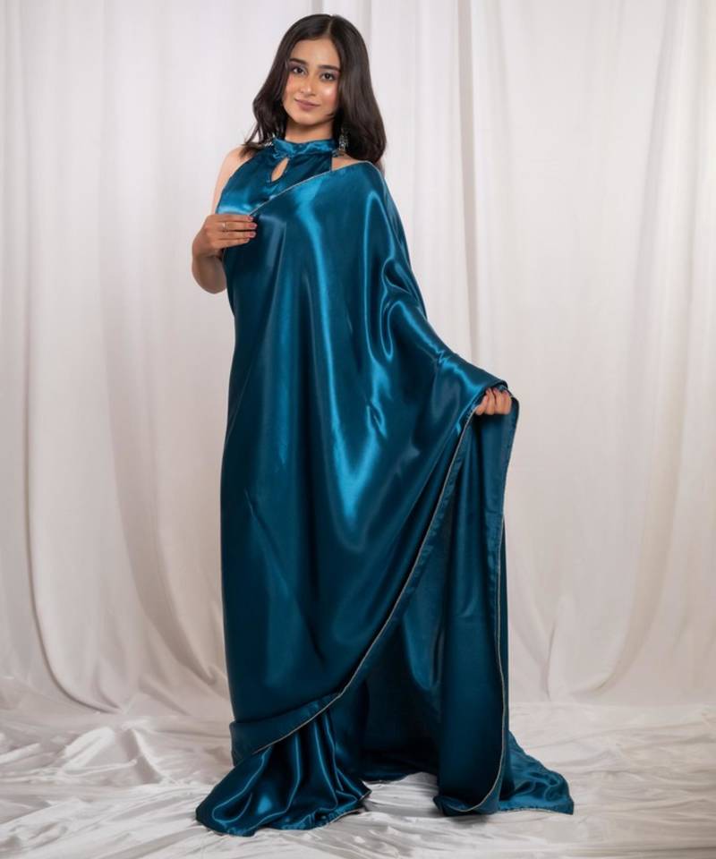 Teal blue cutdana border satin embroidered saree with stitched blouse