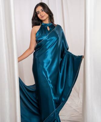 teal blue cutdana border satin embroidered saree with stitched blouse 2