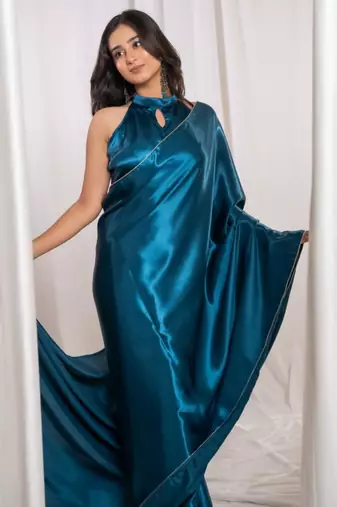 teal blue cutdana border satin embroidered saree with stitched blouse