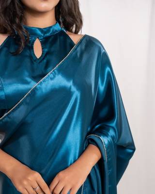 teal blue cutdana border satin embroidered saree with stitched blouse 3