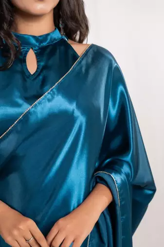 teal blue cutdana border satin embroidered saree with stitched blouse
