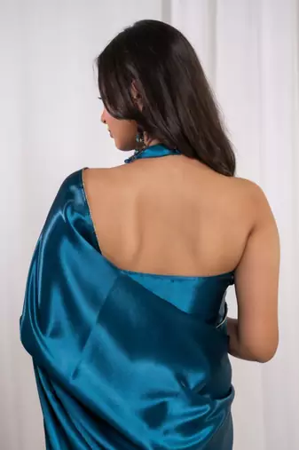 teal blue cutdana border satin embroidered saree with stitched blouse