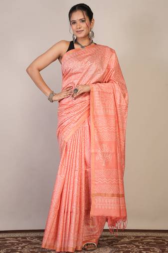 peach zari work cotton silk blend bhagalpuri ethnic saree with unstitched blouse