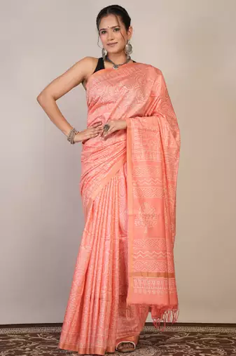 peach zari work cotton silk blend bhagalpuri ethnic saree with unstitched blouse