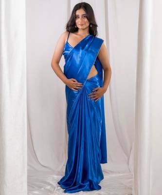 royal blue cutdana border satin embroidered saree with stitched blouse 1