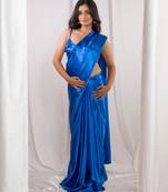 Royal blue cutdana border satin embroidered saree with stitched blouse