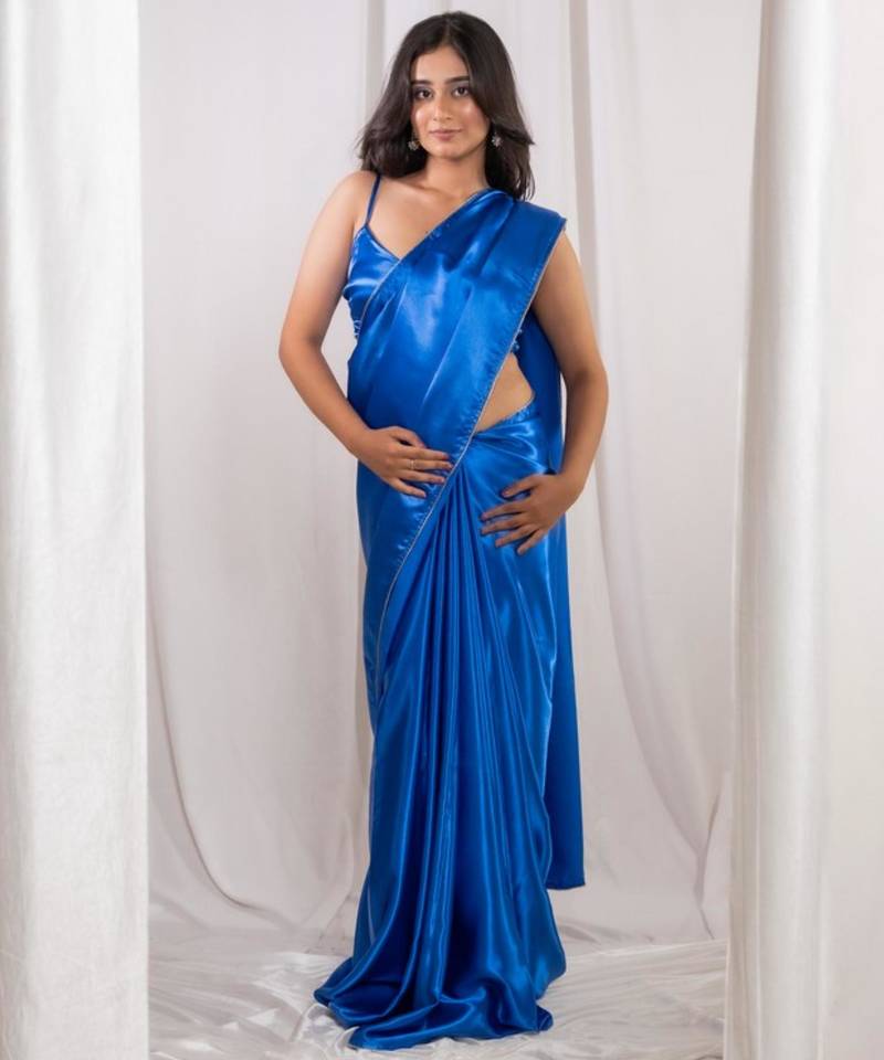 Royal blue cutdana border satin embroidered saree with stitched blouse
