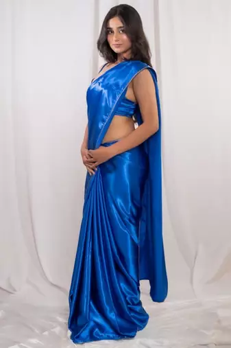 royal blue cutdana border satin embroidered saree with stitched blouse