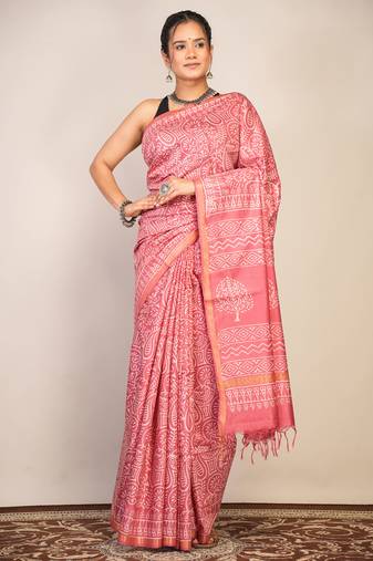 salmon pink zari work cotton silk blend bhagalpuri ethnic saree with unstitched blouse