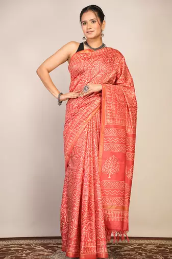 red zari work cotton silk blend bhagalpuri ethnic saree with unstitched blouse