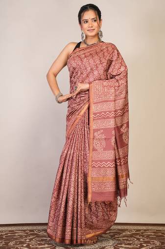 brown zari work cotton silk blend bhagalpuri ethnic saree with unstitched blouse