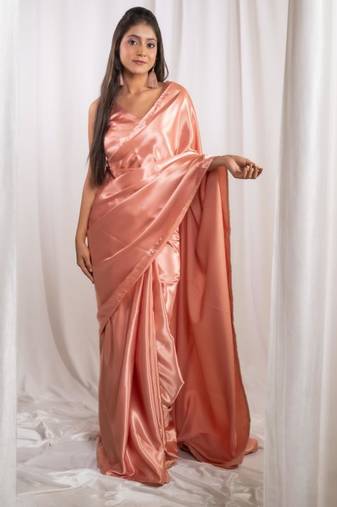 Rose gold cutdana border satin embroidered saree with stitched blouse
