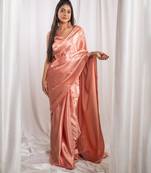 Rose gold cutdana border satin embroidered saree with stitched blouse