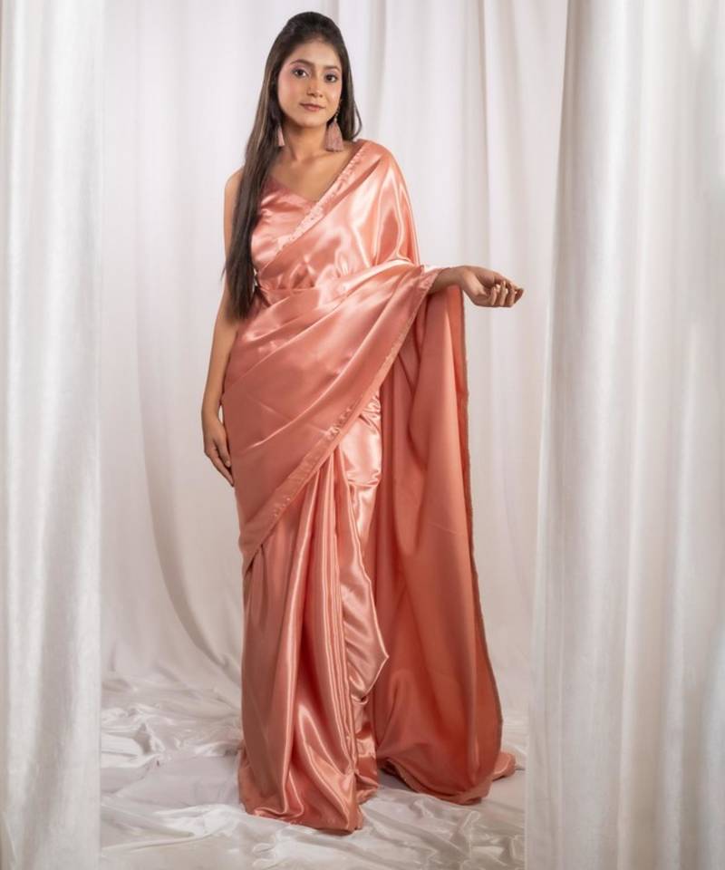 Rose gold cutdana border satin embroidered saree with stitched blouse