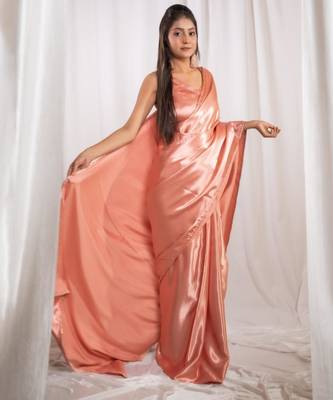 rose gold cutdana border satin embroidered saree with stitched blouse 2