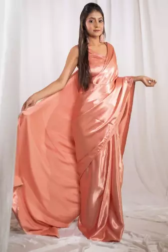 rose gold cutdana border satin embroidered saree with stitched blouse