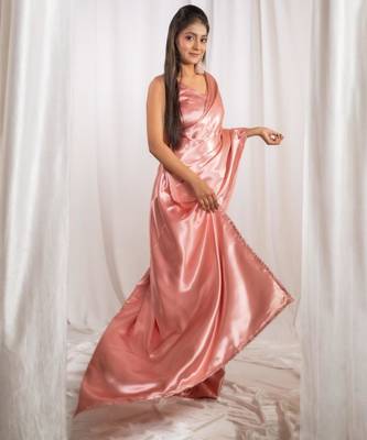 rose gold cutdana border satin embroidered saree with stitched blouse 3