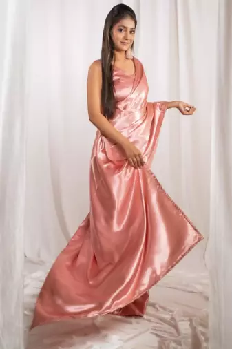 rose gold cutdana border satin embroidered saree with stitched blouse