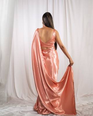 rose gold cutdana border satin embroidered saree with stitched blouse 4