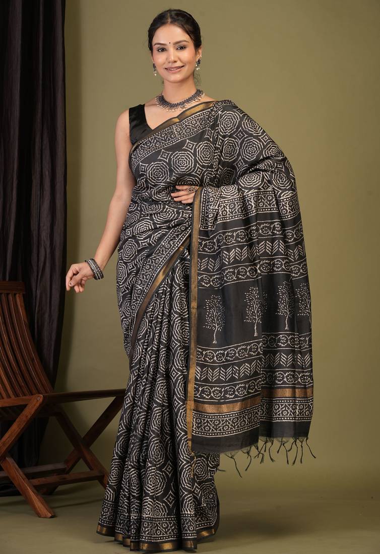 black zari work cotton silk blend bhagalpuri ethnic saree with unstitched blouse
