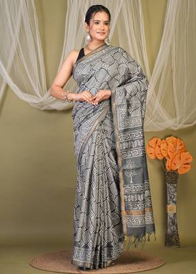 grey zari work cotton silk blend bhagalpuri ethnic saree with unstitched blouse 1