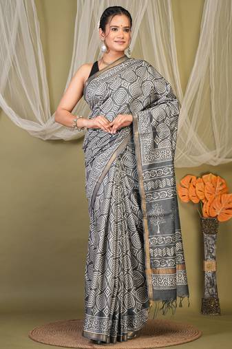grey zari work cotton silk blend bhagalpuri ethnic saree with unstitched blouse