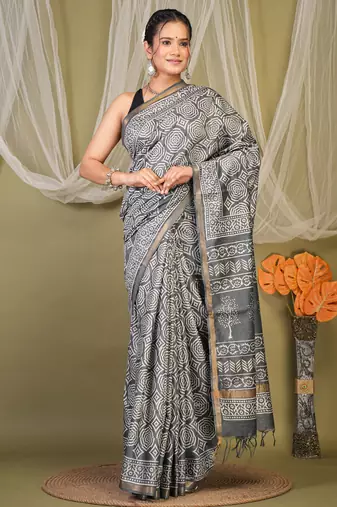 grey zari work cotton silk blend bhagalpuri ethnic saree with unstitched blouse