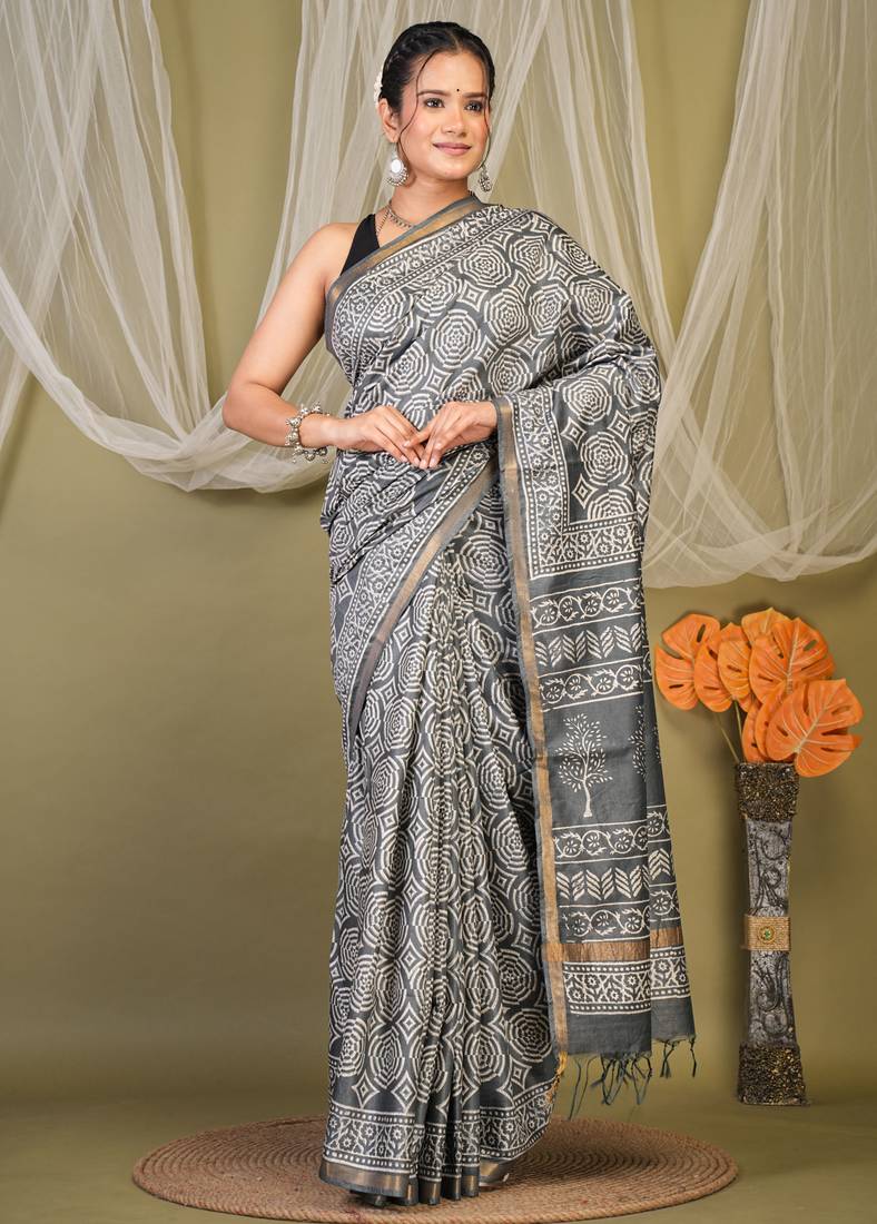 grey zari work cotton silk blend bhagalpuri ethnic saree with unstitched blouse