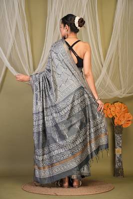 grey zari work cotton silk blend bhagalpuri ethnic saree with unstitched blouse 2