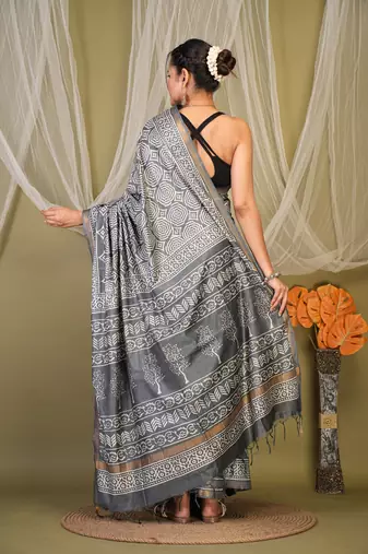 grey zari work cotton silk blend bhagalpuri ethnic saree with unstitched blouse