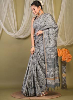 grey zari work cotton silk blend bhagalpuri ethnic saree with unstitched blouse 3