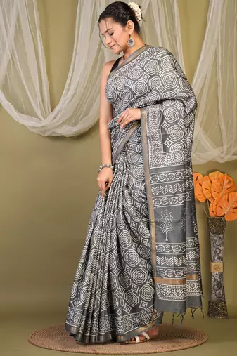 grey zari work cotton silk blend bhagalpuri ethnic saree with unstitched blouse