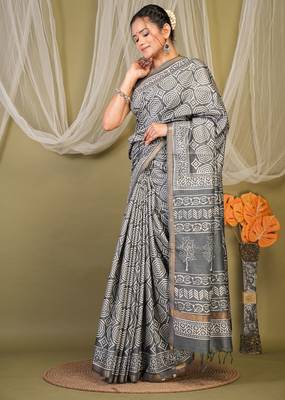 grey zari work cotton silk blend bhagalpuri ethnic saree with unstitched blouse 4