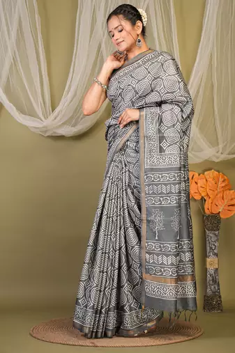grey zari work cotton silk blend bhagalpuri ethnic saree with unstitched blouse