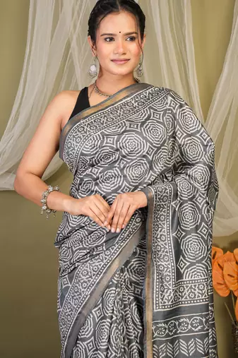 grey zari work cotton silk blend bhagalpuri ethnic saree with unstitched blouse
