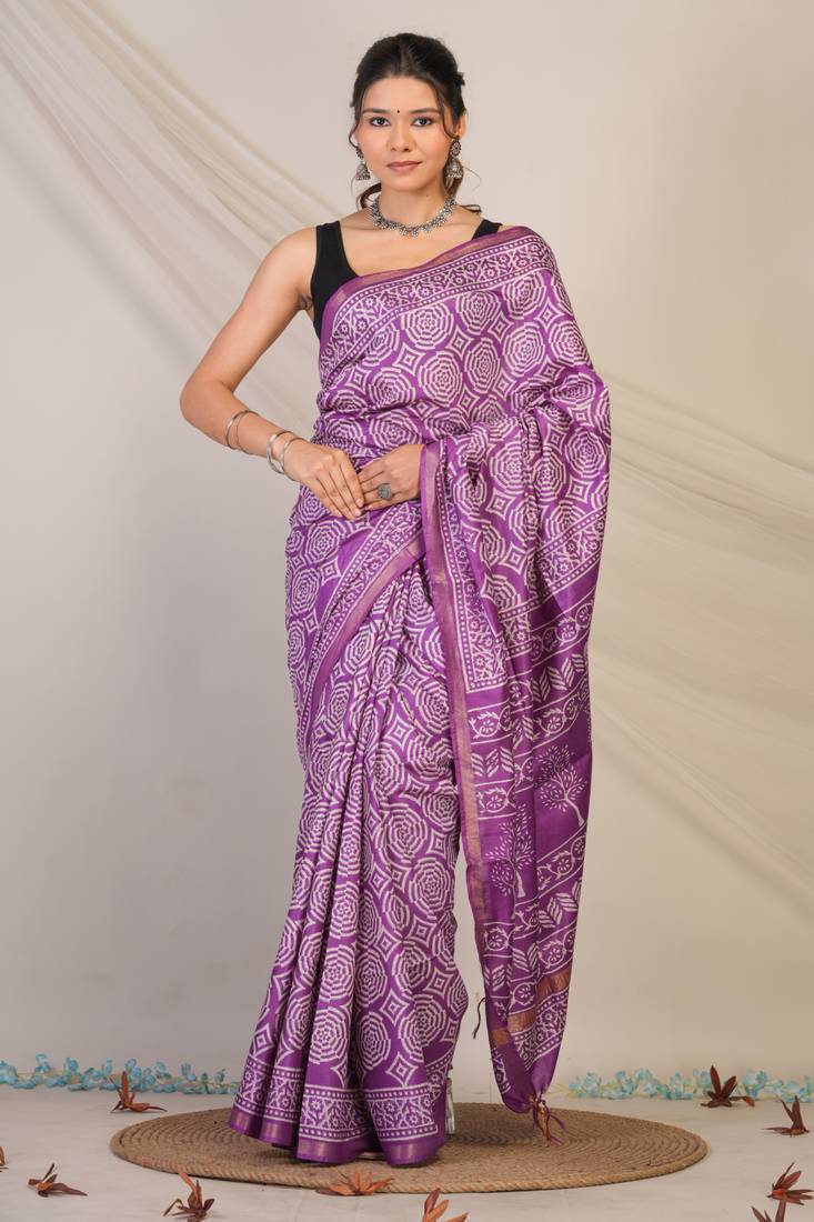 violet zari work cotton silk blend bhagalpuri ethnic saree with unstitched blouse