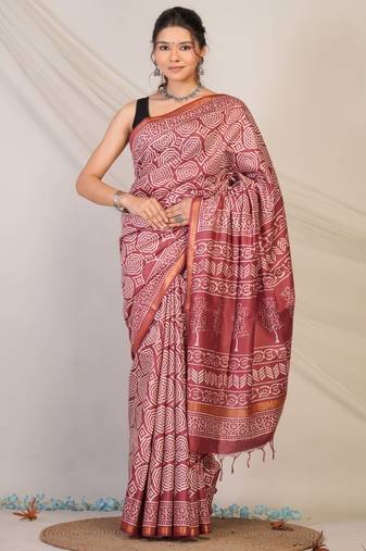 maroon zari work cotton silk blend bhagalpuri ethnic saree with unstitched blouse