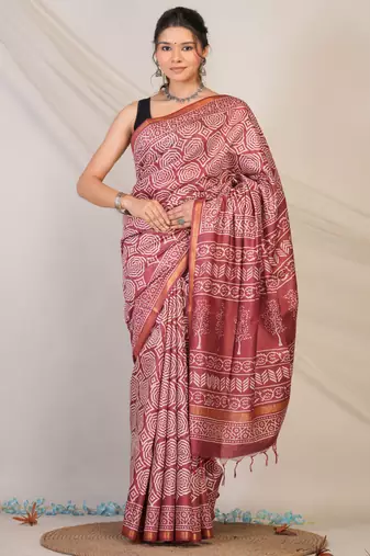 maroon zari work cotton silk blend bhagalpuri ethnic saree with unstitched blouse