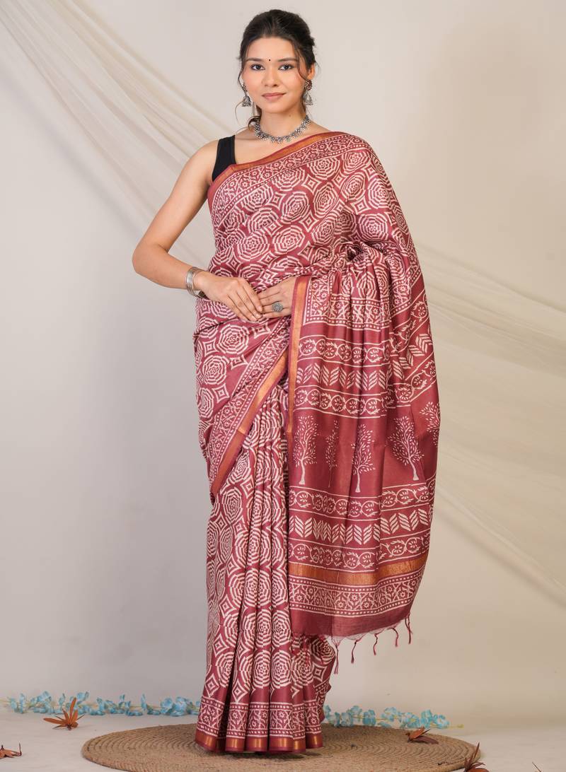 maroon zari work cotton silk blend bhagalpuri ethnic saree with unstitched blouse