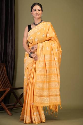 yellow zari work cotton silk blend bhagalpuri ethnic saree with unstitched blouse