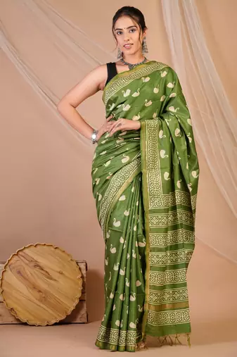 dark green zari work cotton silk blend bhagalpuri ethnic saree with unstitched blouse