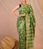 dark green zari work cotton silk blend bhagalpuri ethnic saree with unstitched blouse